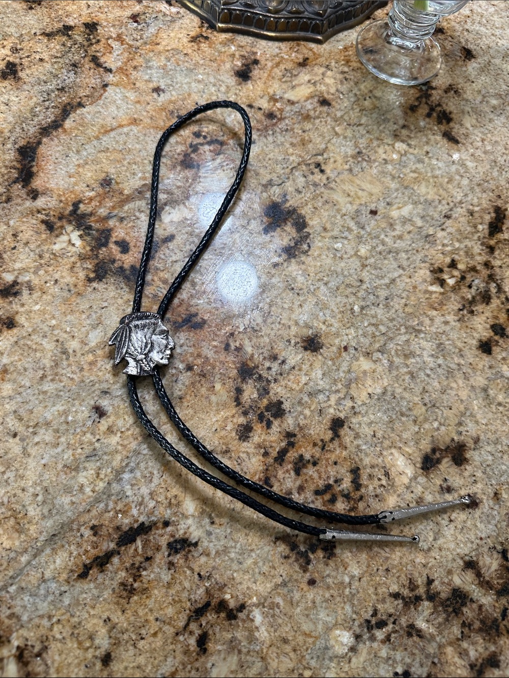 Source Unknown Black Bolo Tie with Silver Native Chief Slide